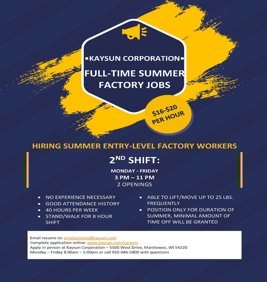 Kaysun Summer Full Time Openings 2022 - updated 06-22